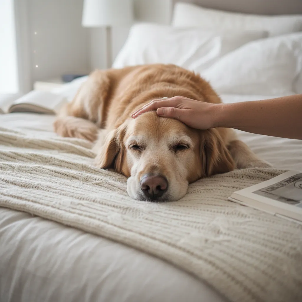 A senior Golden Retriever being petted