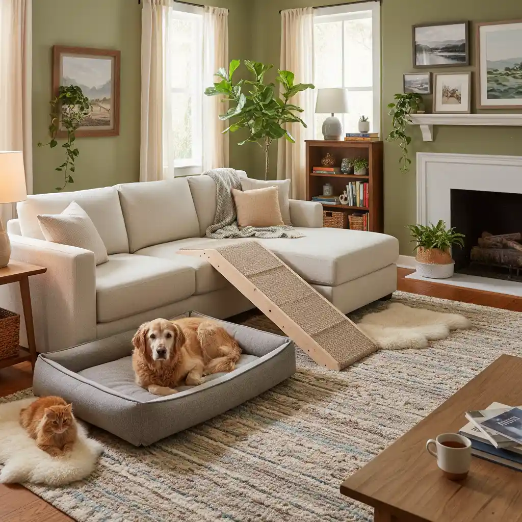 A home environment adapted for senior pets with ramps and comfy beds