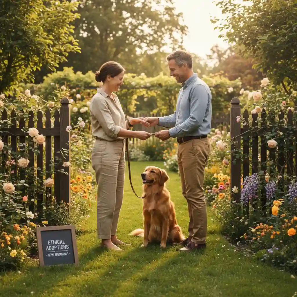 Pet owner handing leash to new owner in fenced garden