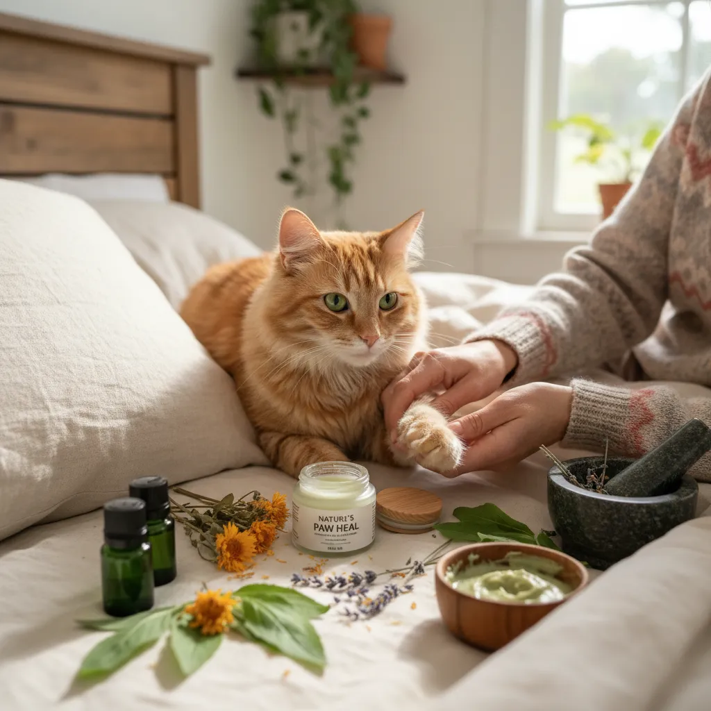 Cat receiving herbal treatment from owner