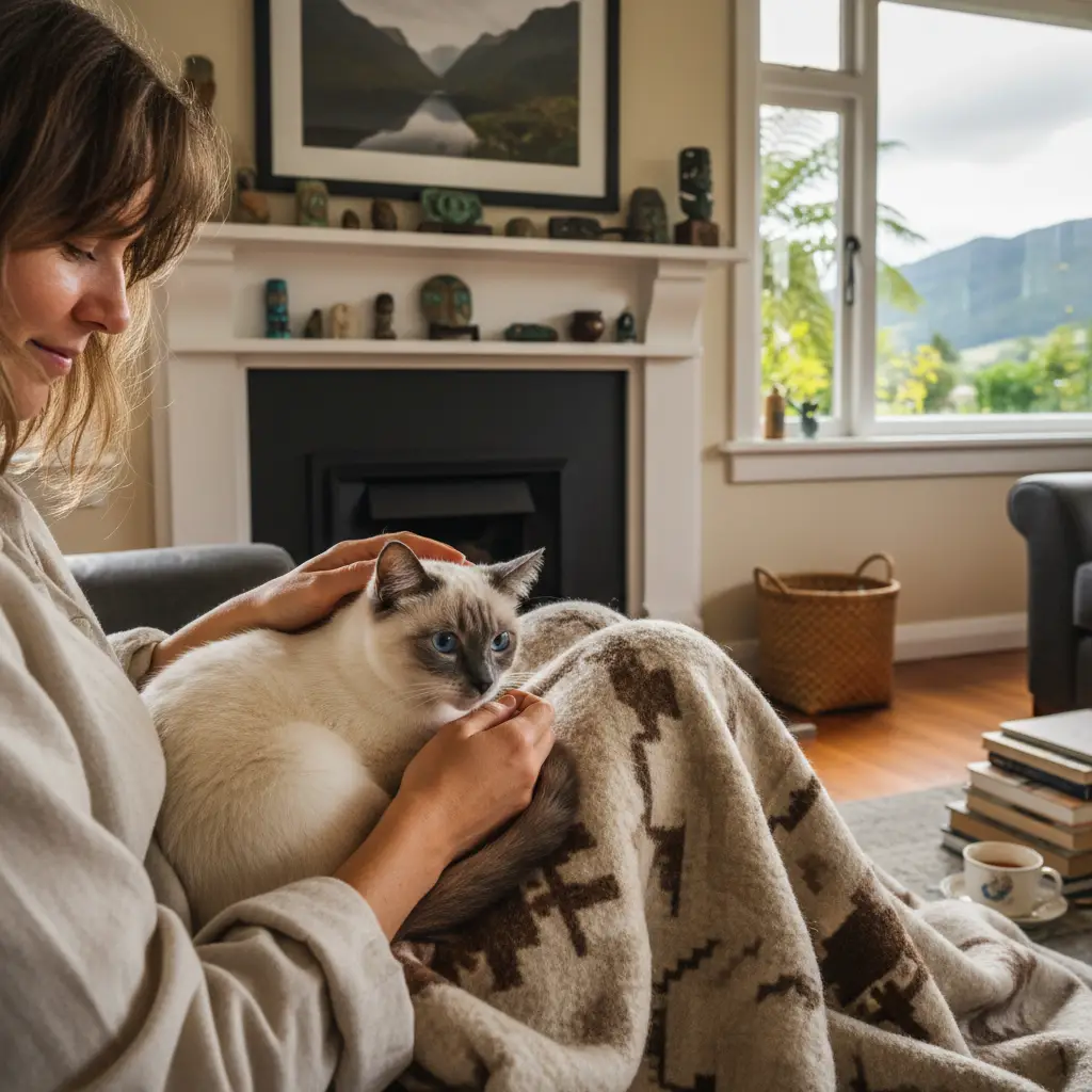 A person comforting their cat in a New Zealand home, showing a strong bond