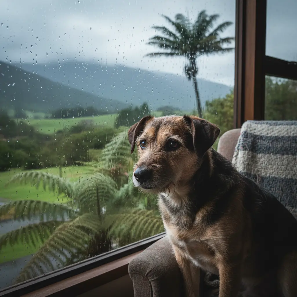 A dog showing signs of separation anxiety looking out a window in New Zealand.