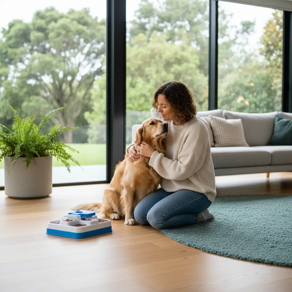 Owner engaging their dog with a puzzle toy to reduce separation anxiety.