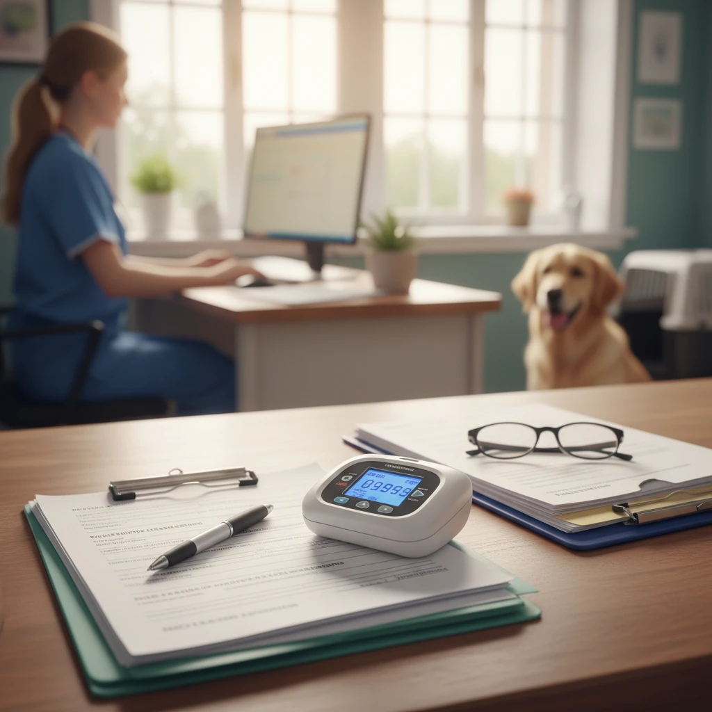 Veterinary clinic microchip scanner and paperwork