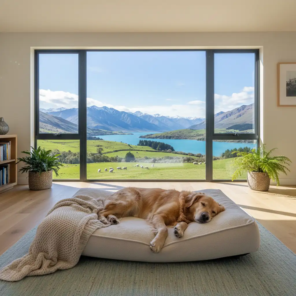 A relaxed dog enjoying its safe space at home in New Zealand.