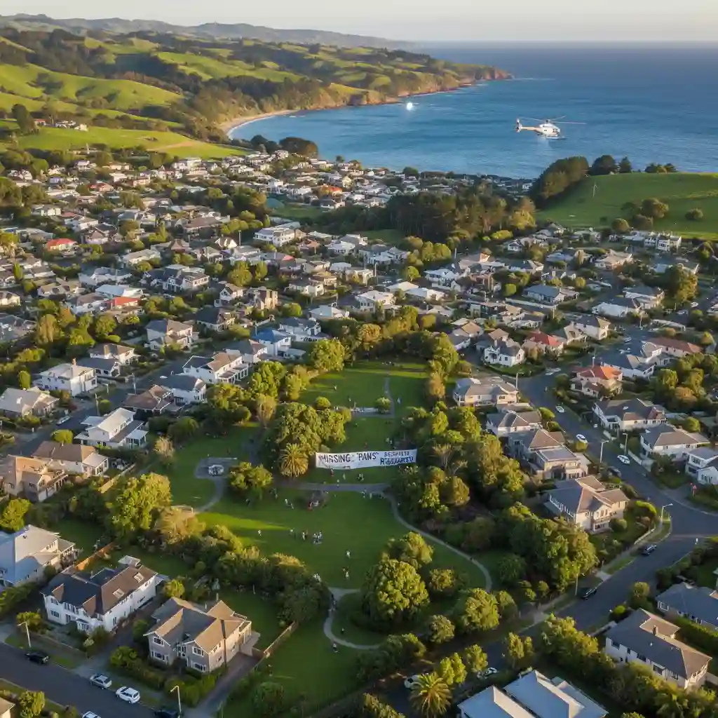 Aerial view of a New Zealand community with houses and green spaces