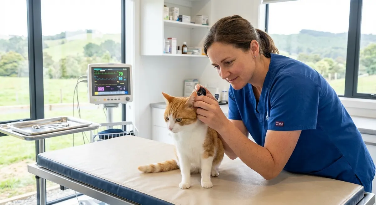 Veterinarian examining a cat in a clinic