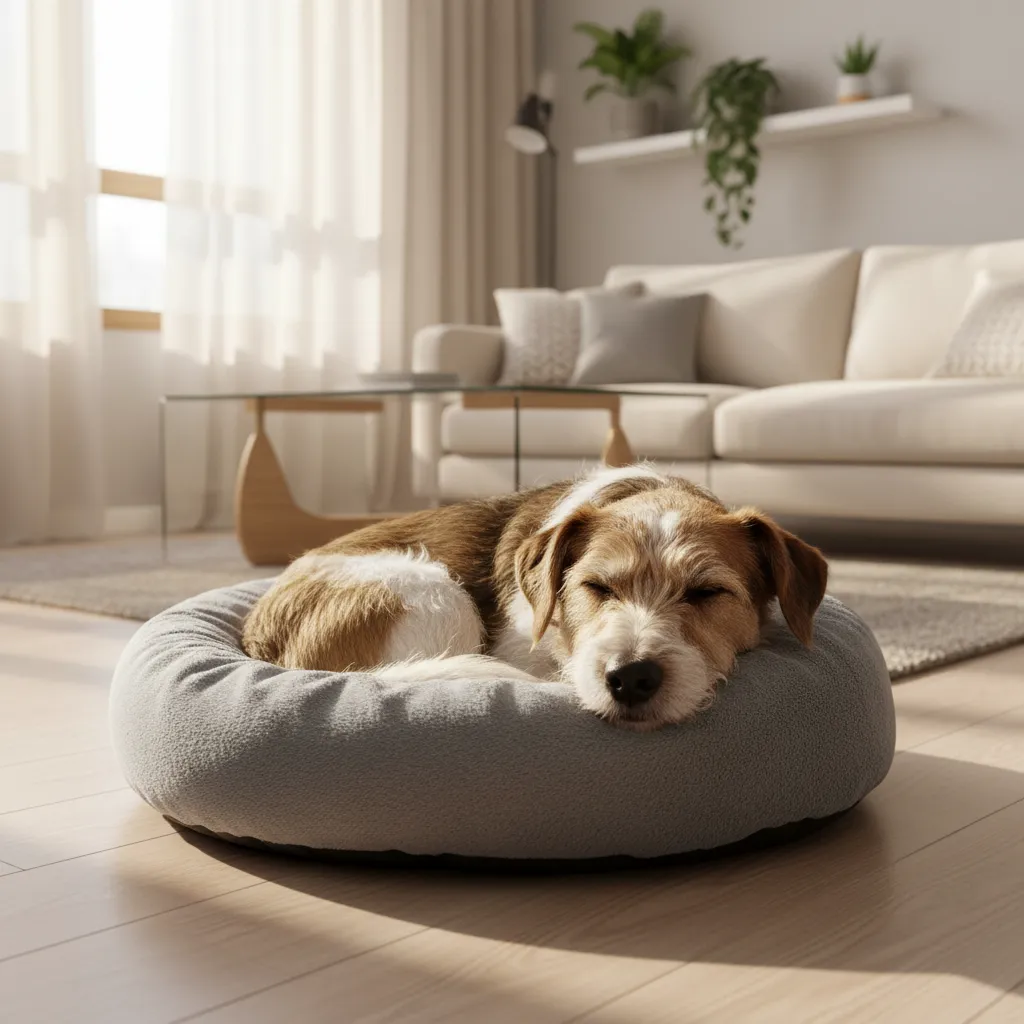 A happy dog sleeping soundly in a plush calming pet bed.