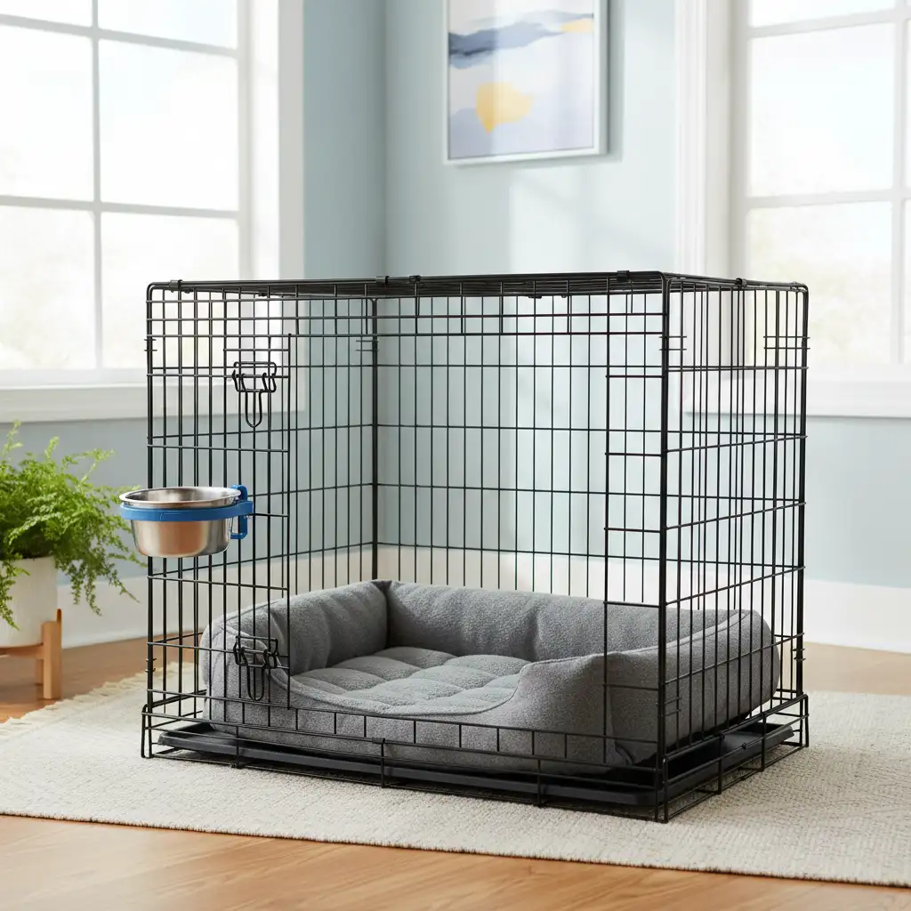 A comfortable and safe pet crate setup with a soft bed and water bowl.
