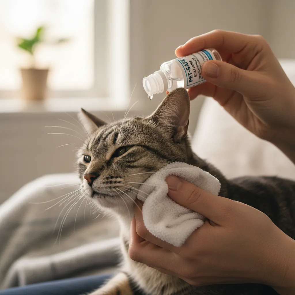 Owner cleaning cat's ears with pet ear cleaner