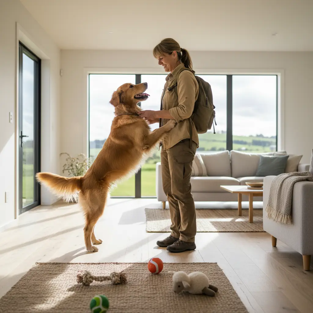 A friendly golden retriever greeting a pet sitter in a modern New Zealand home