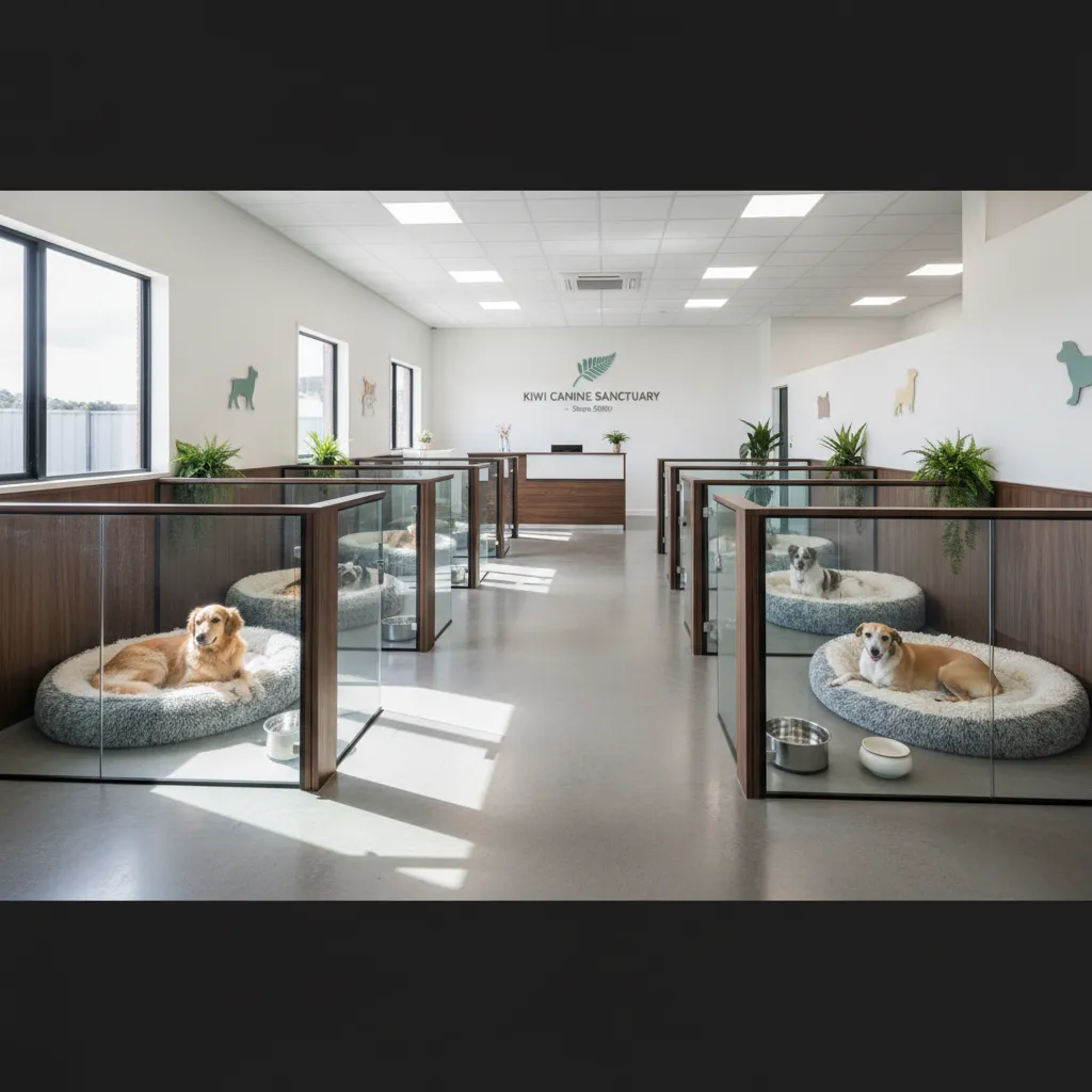 Clean, spacious individual dog kennels at a New Zealand boarding facility