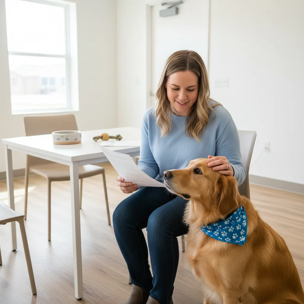 A woman gently strokes a dog while reviewing rehoming documents.
