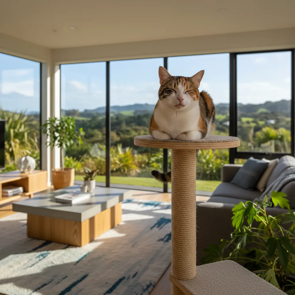 A content cat relaxing on a scratching post.