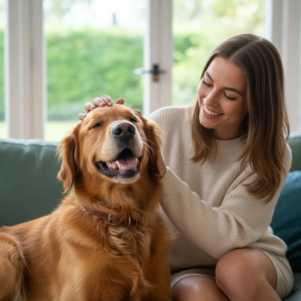 A new pet owner gently petting a dog during an adoption visit.