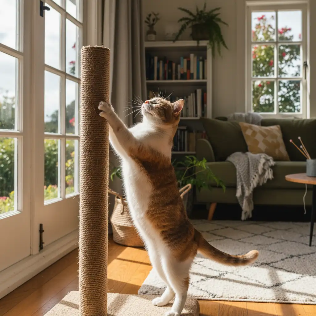 A cat actively scratching a sisal post.