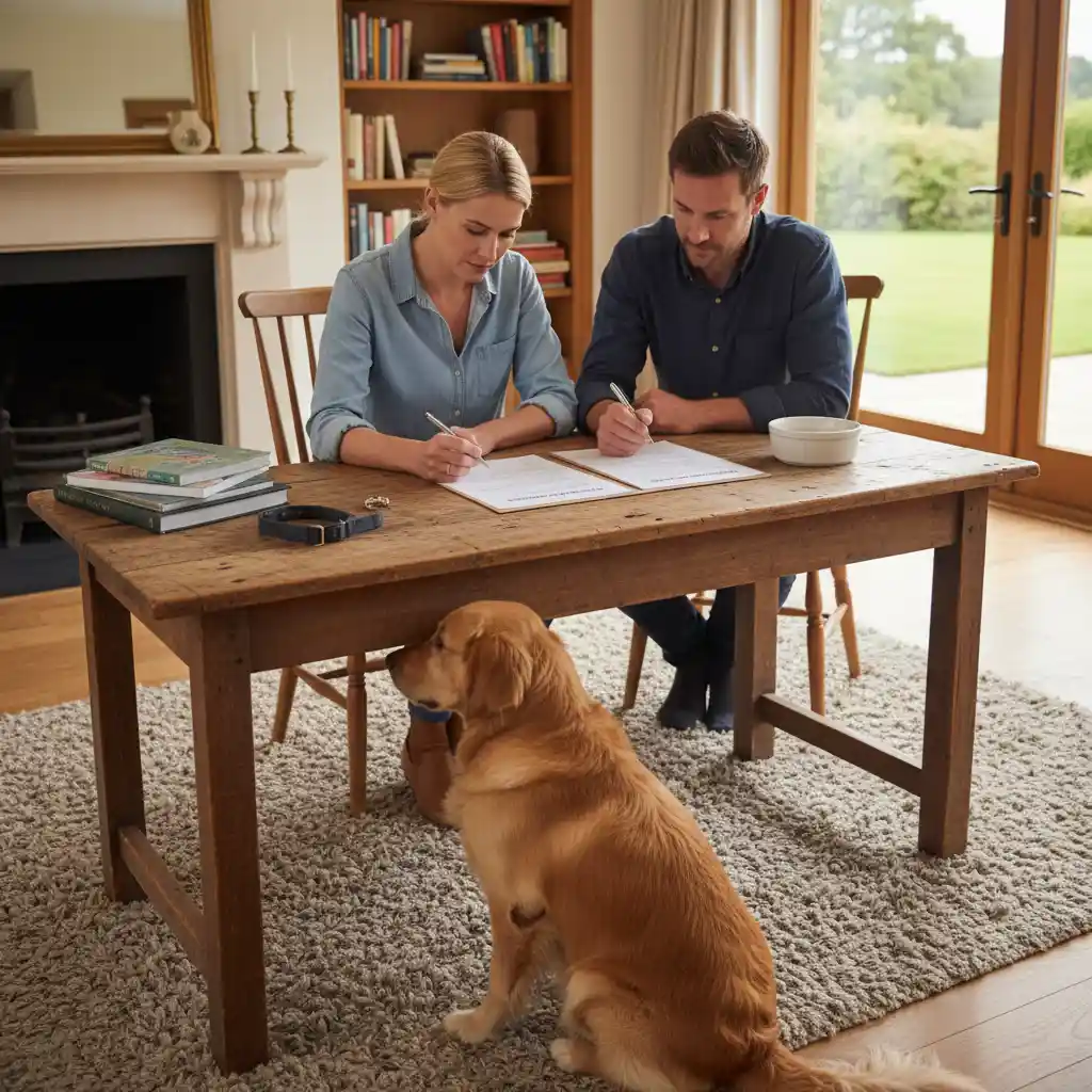 People signing pet rehoming documents, ensuring a legal and ethical transition.
