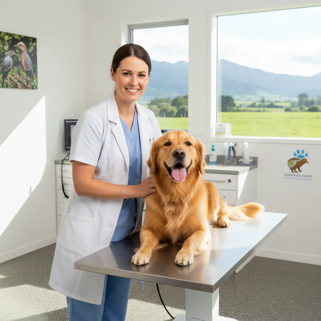 Veterinarian examining a dog in a New Zealand clinic