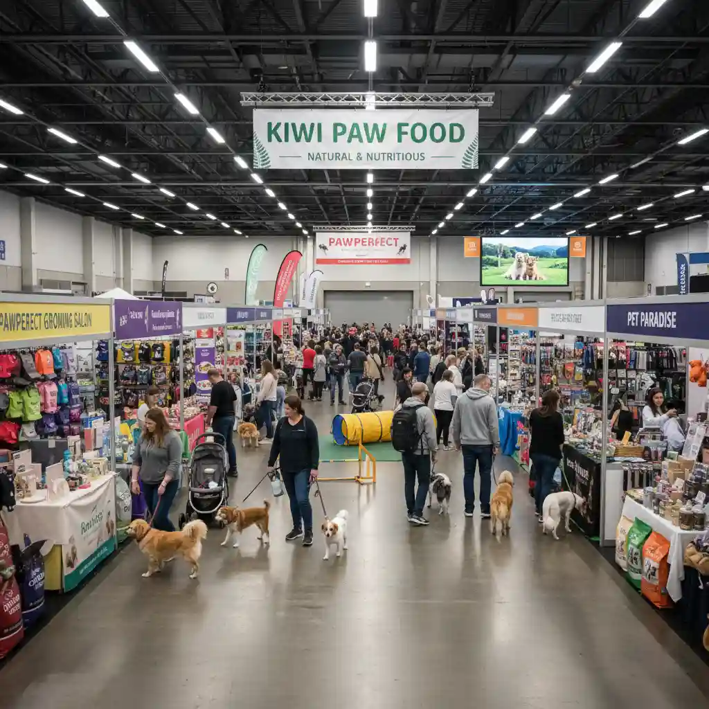 Pet owners and their dogs at a busy pet expo in New Zealand, exploring stalls and watching demonstrations.