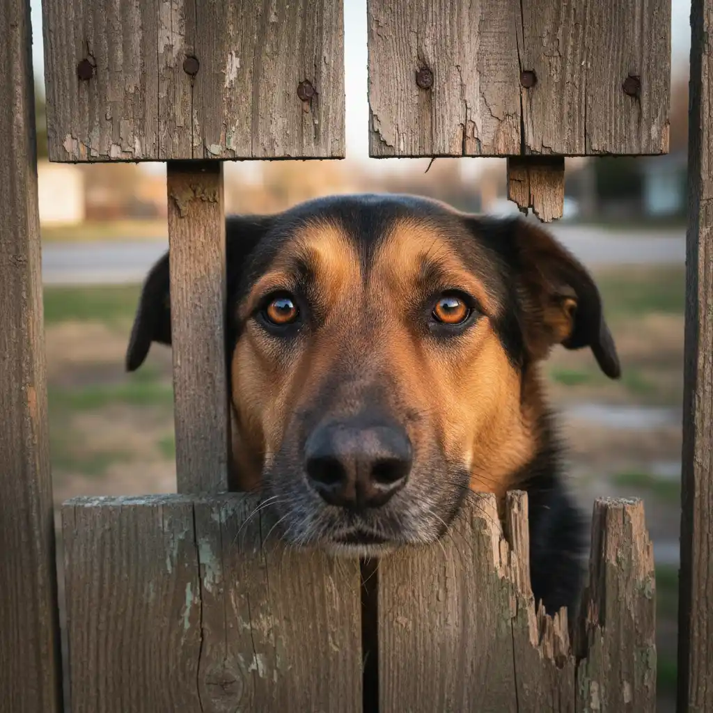 Dog looking through fence requiring attention