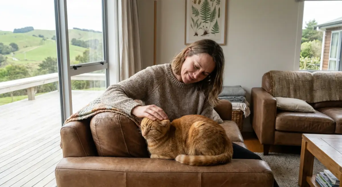 A hand gently petting a calm cat, fostering trust.