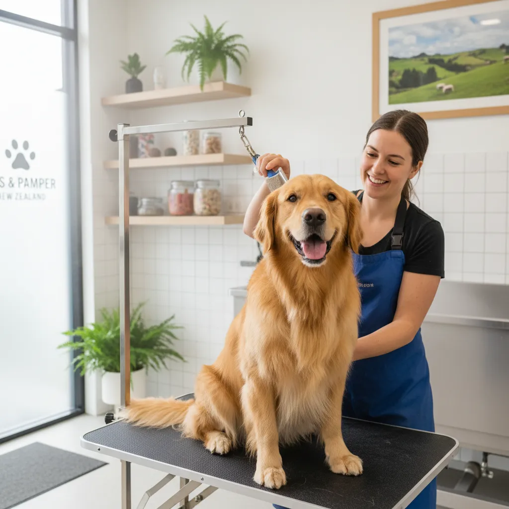 Golden Retriever enjoying professional grooming in NZ