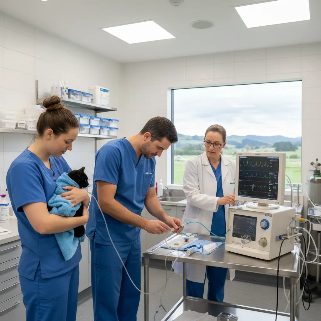Emergency vet team treating a pet