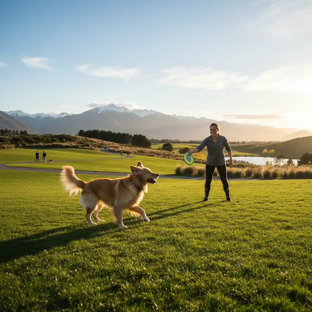 Owner playing fetch with a happy dog in a park