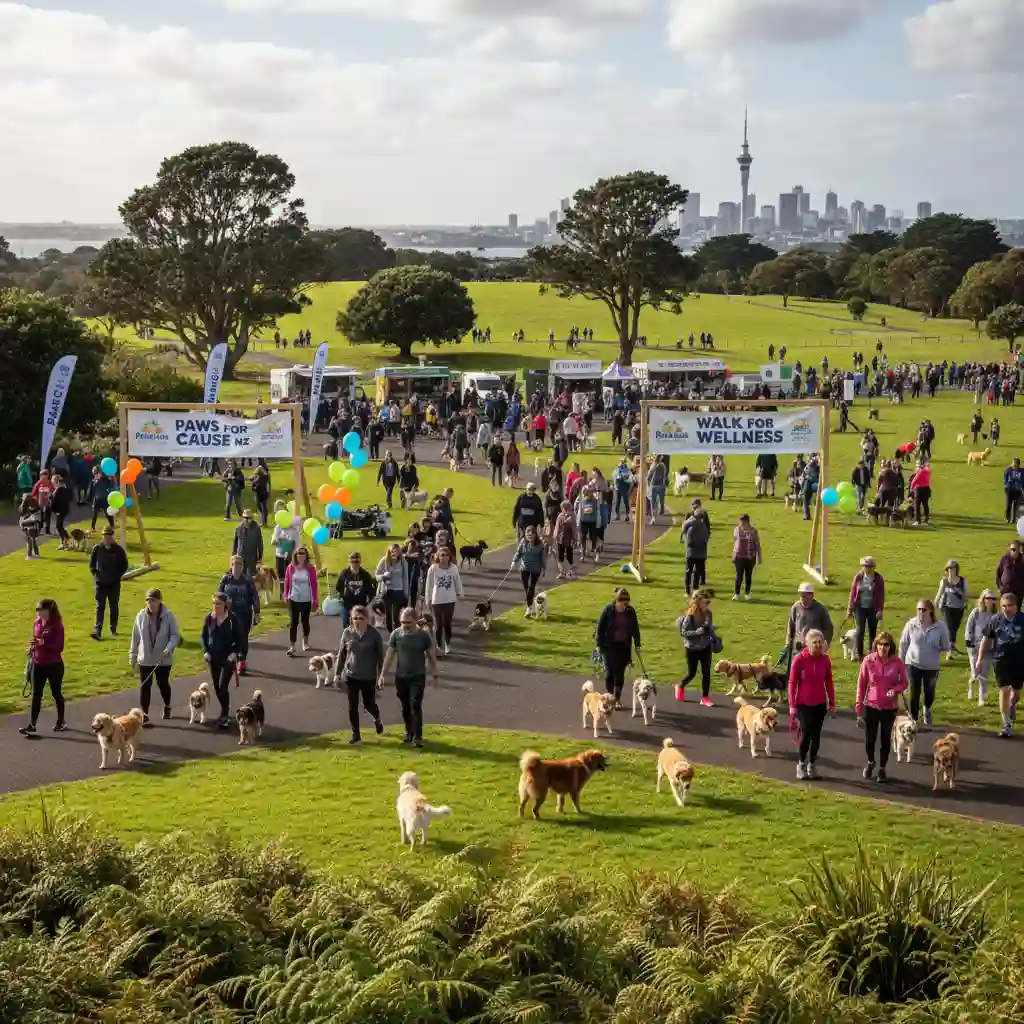 People walking their dogs at a charity fundraiser event in a sunny New Zealand park.