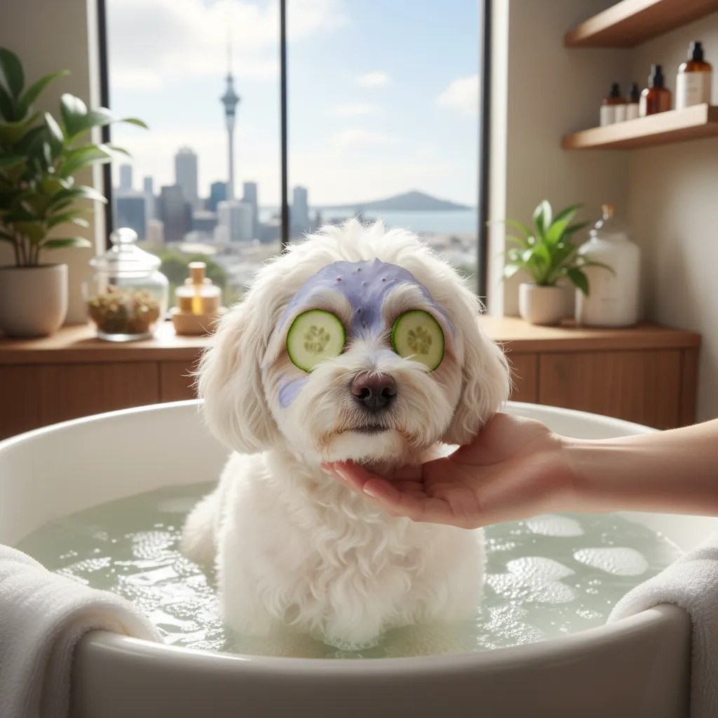 Small dog receiving blueberry facial at a pet spa