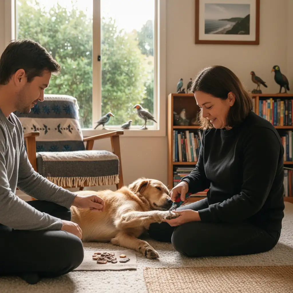 Owner clipping dog's nails at home