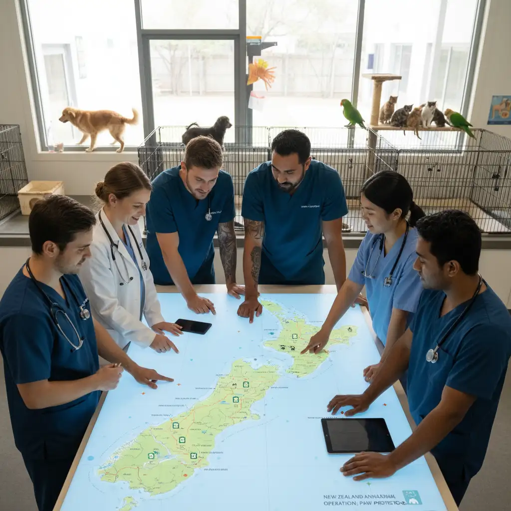 Animal welfare professionals collaborating on rescue strategies in New Zealand