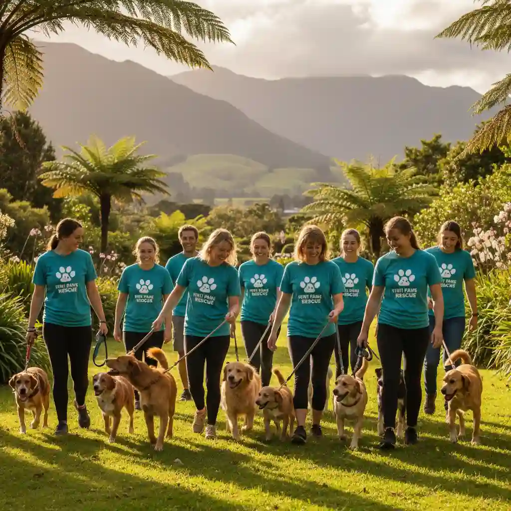 Volunteers walking rescue dogs in a park