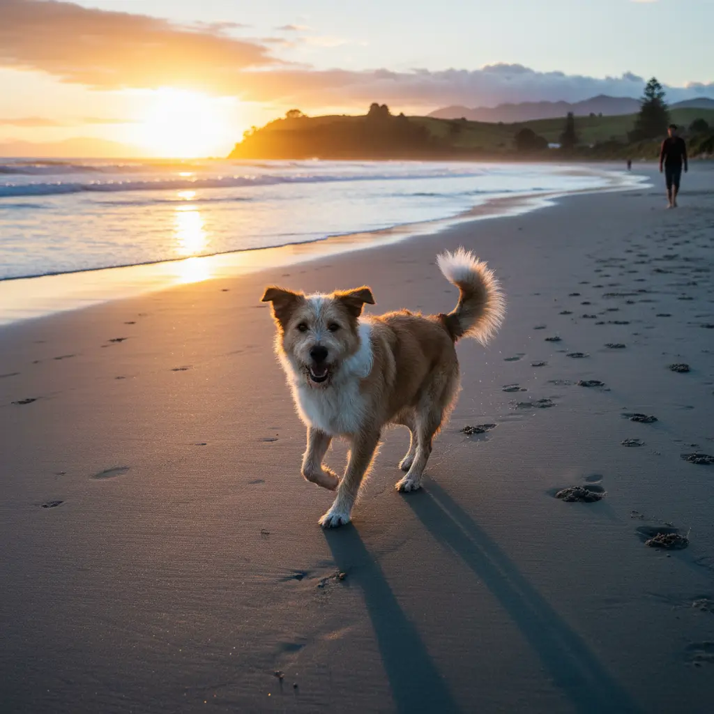 A rescue dog enjoying freedom on a New Zealand beach