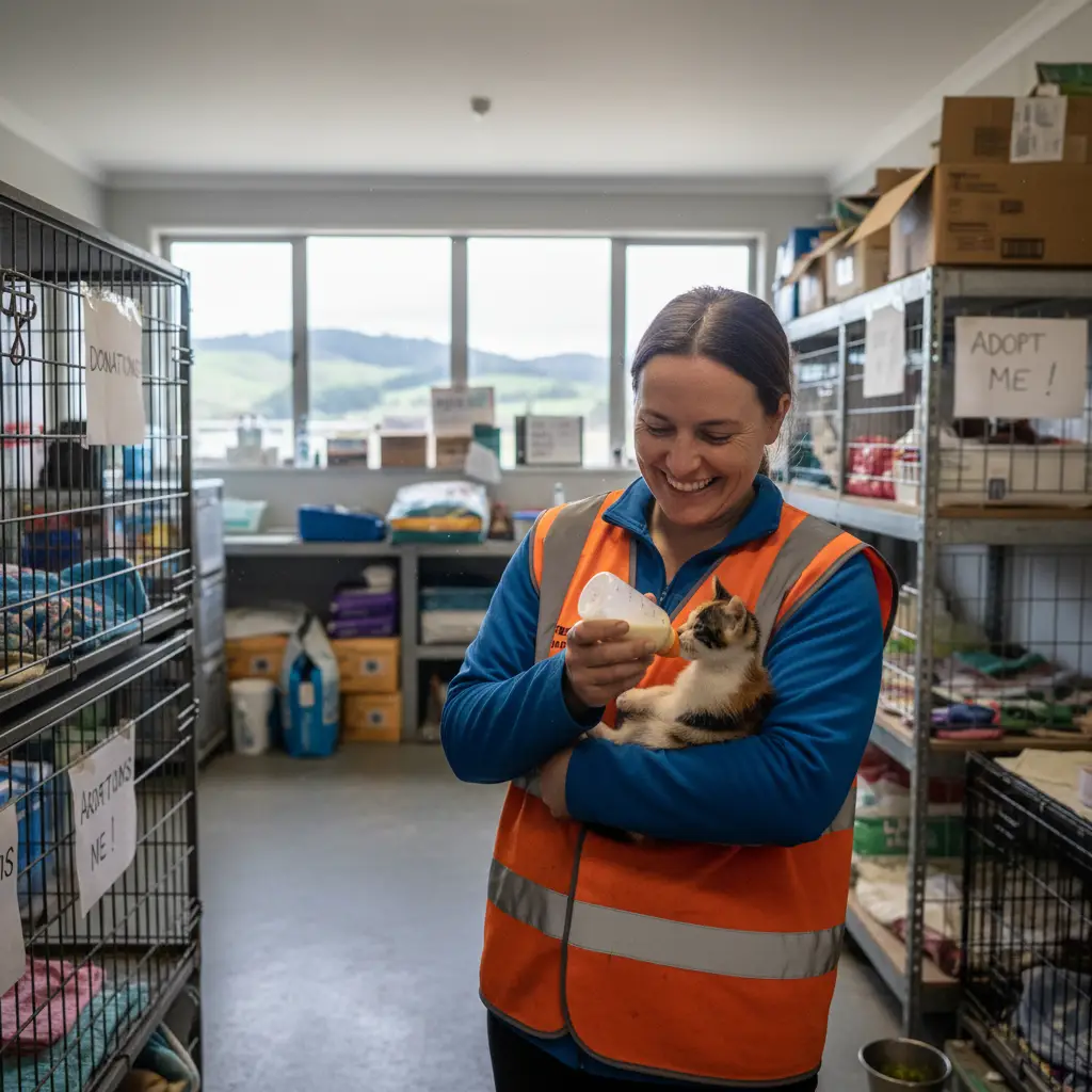Volunteer bottle feeding a rescue kitten
