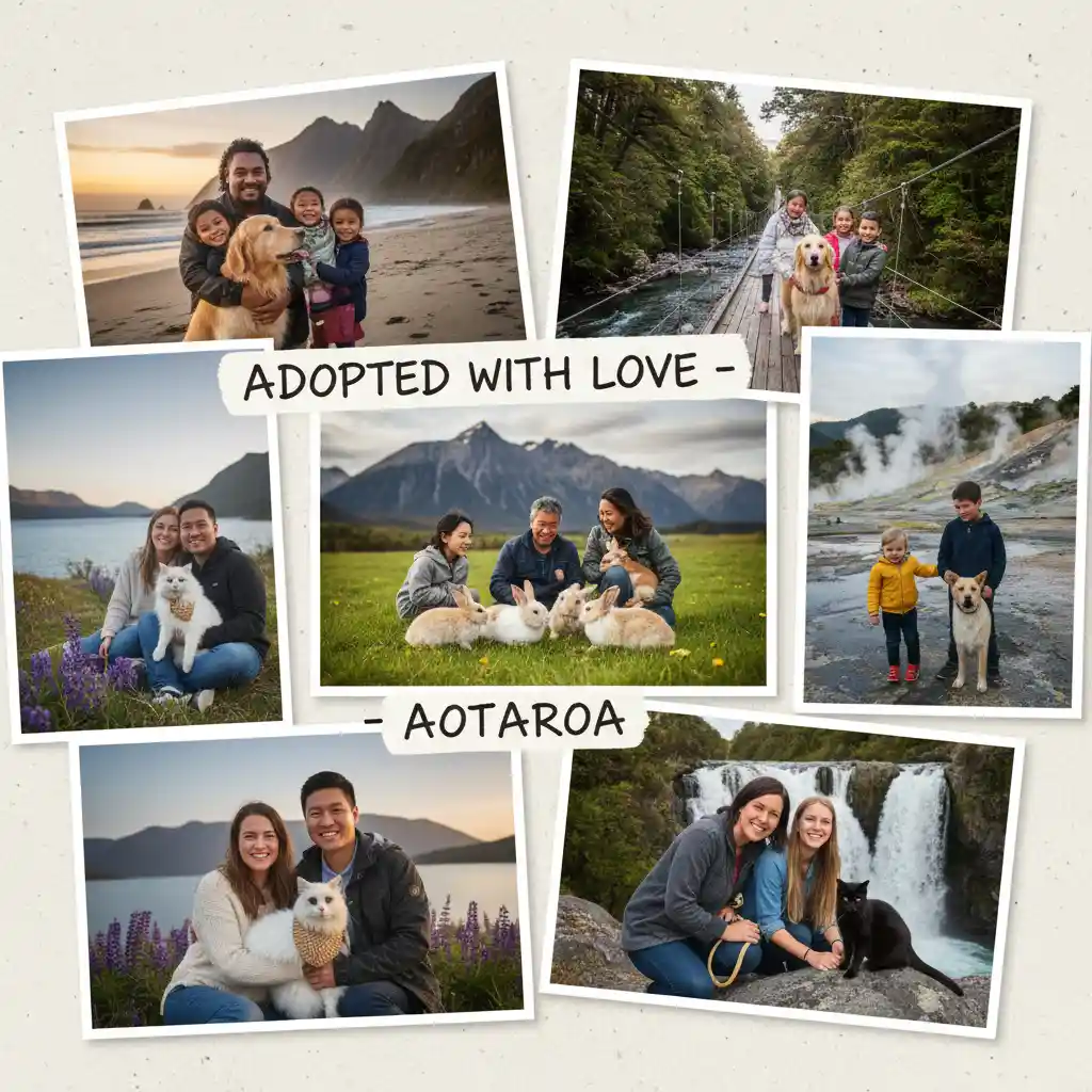 Montage of happy families with adopted pets