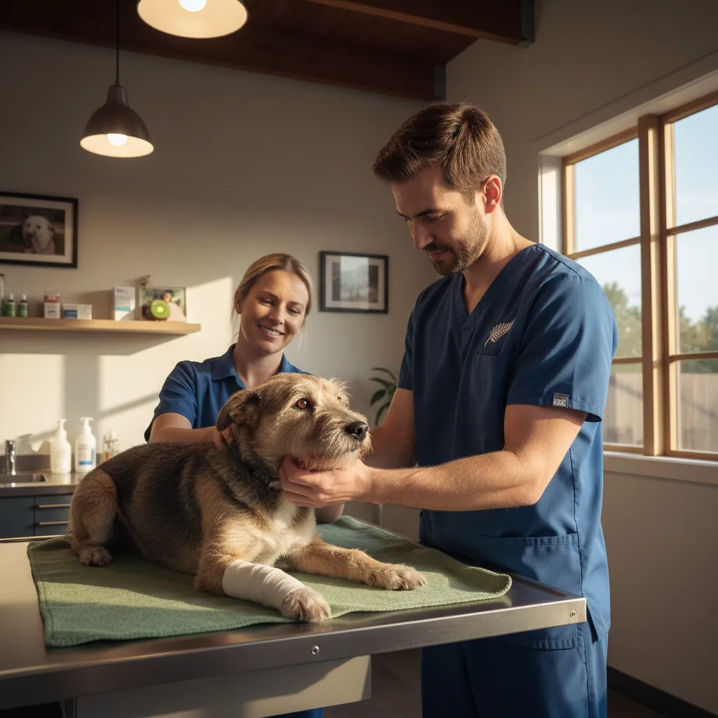 Veterinarian examining a rescued dog in a clinic