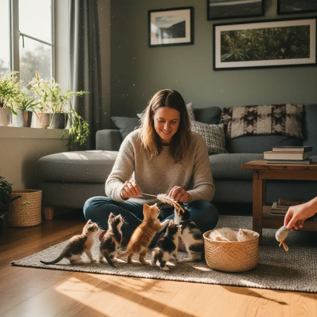 Volunteer fostering kittens in a home environment