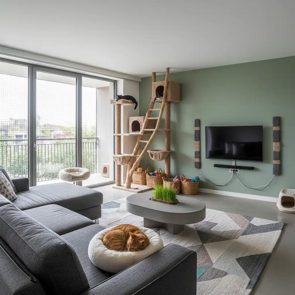Cat-proofed living room with cat tree