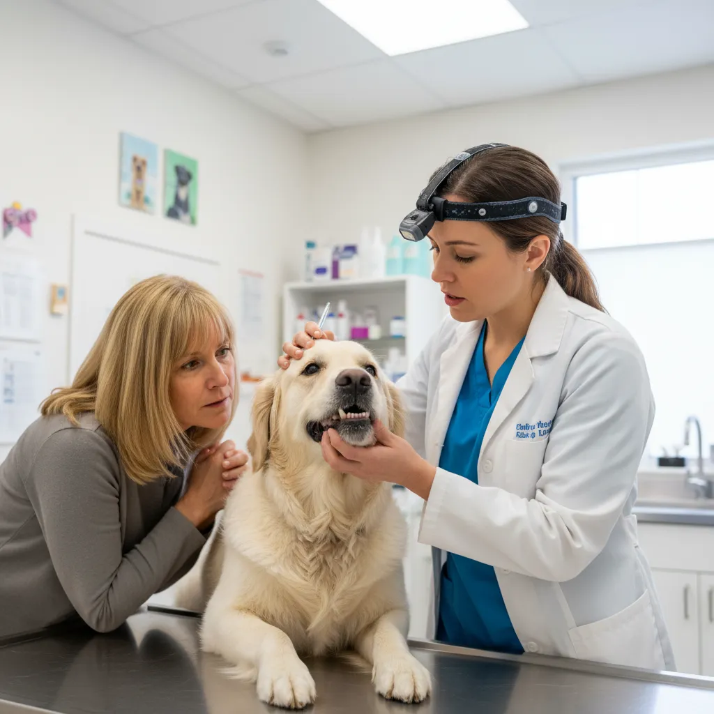 Veterinarian performing a health check on a dog before rehoming