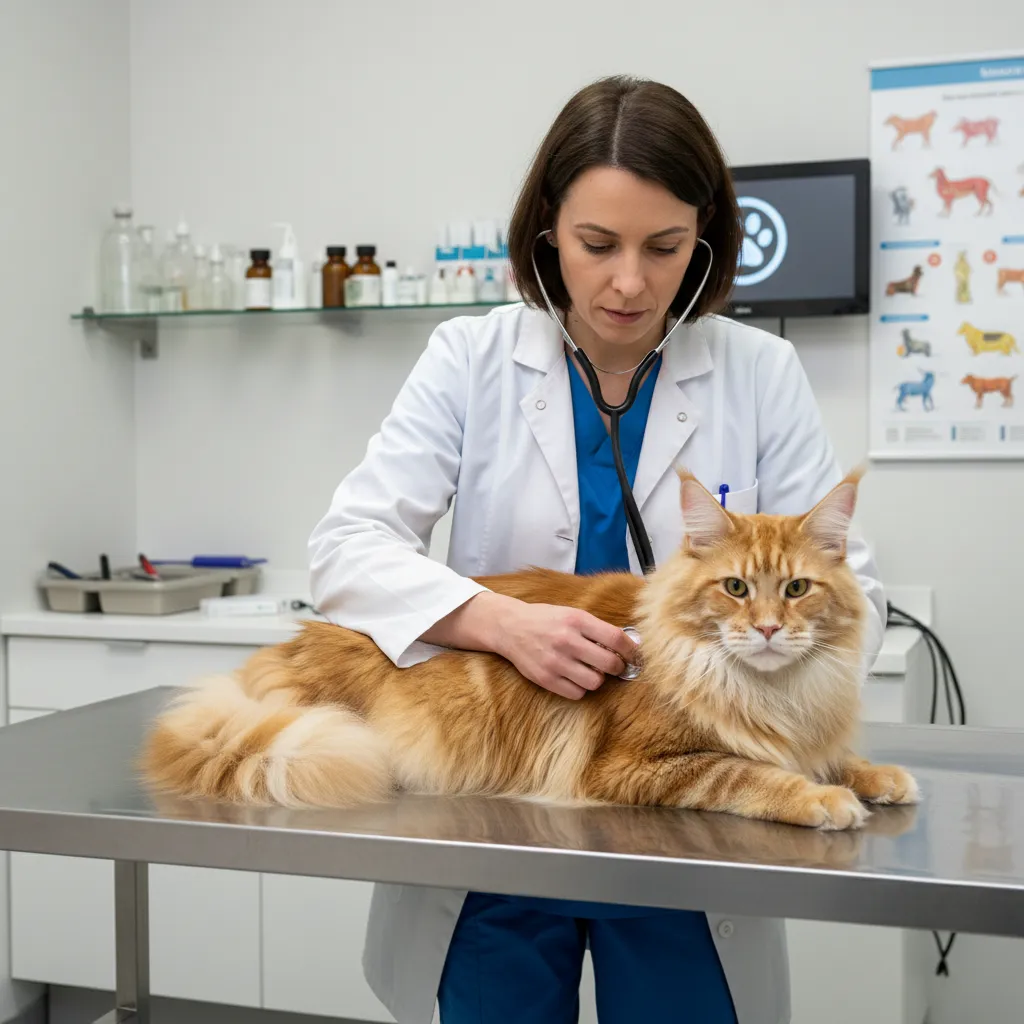 Veterinarian checking a Maine Coon's heart