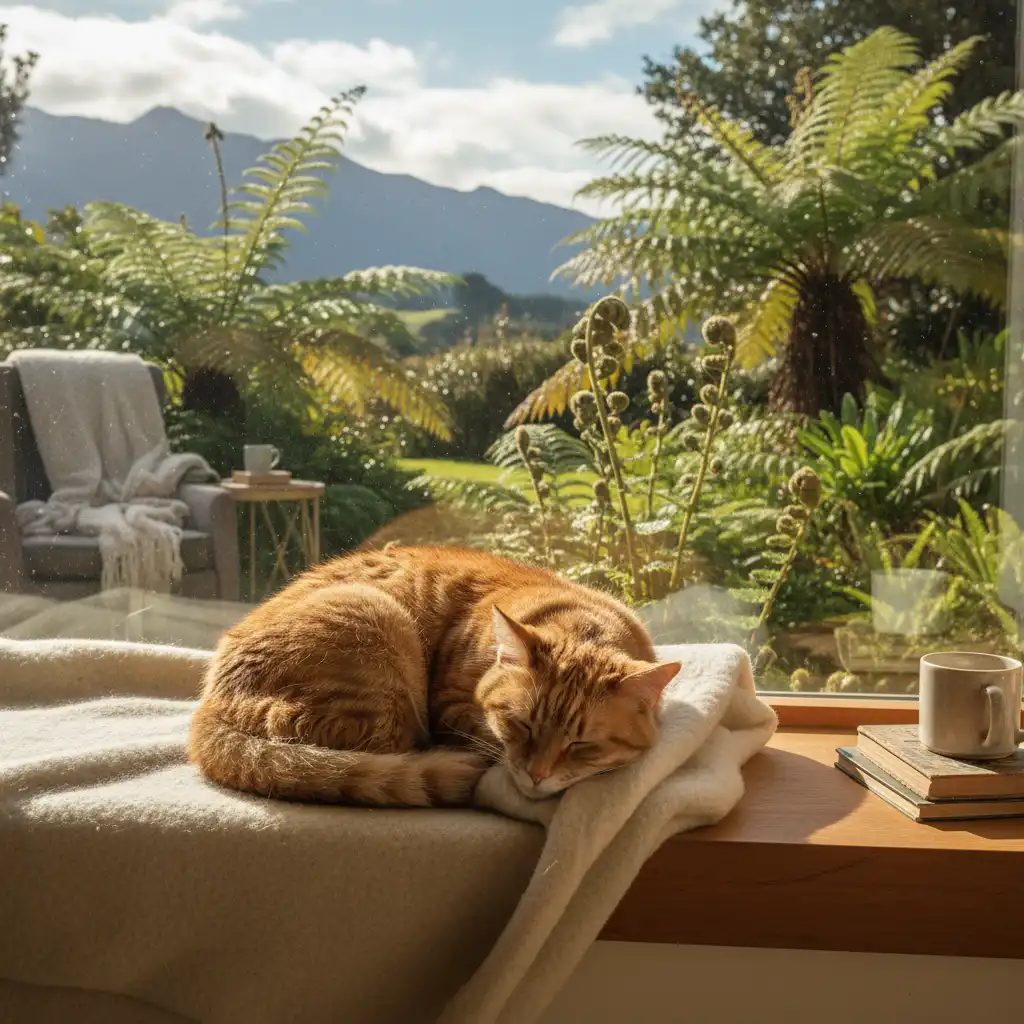 Senior cat sleeping in a sunbeam in a New Zealand home