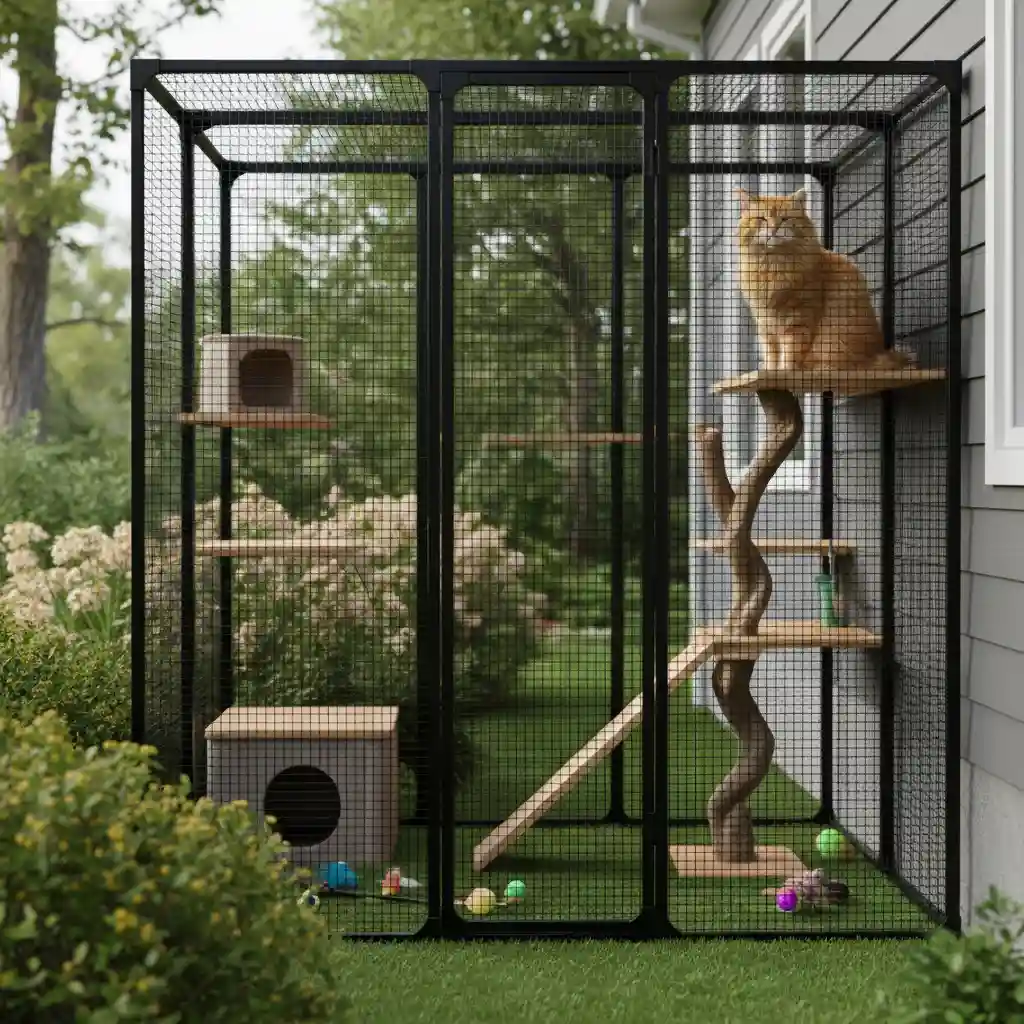 Secure outdoor catio enclosure in a garden