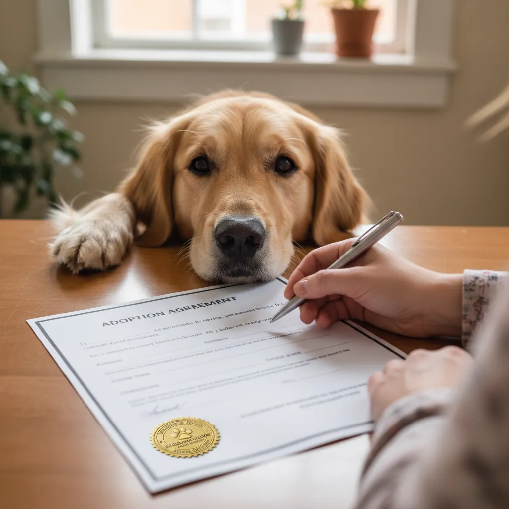 Signing adoption papers for a rescue pet