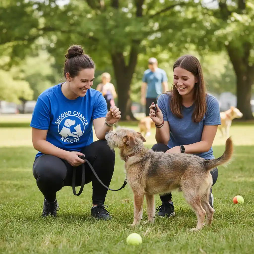 Dog trainer assisting a new owner with a rescue dog