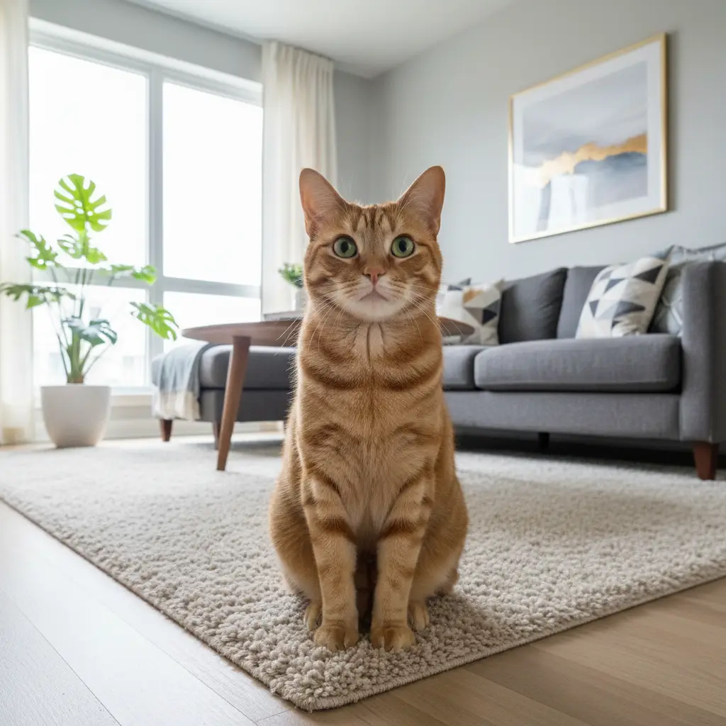 Cat sitting on clean carpet in a rental home