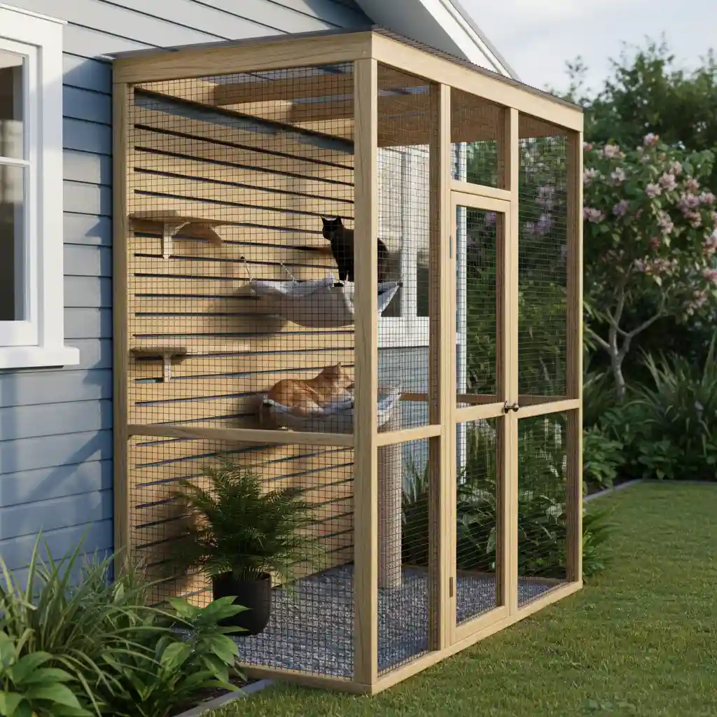 Backyard catio enclosure attached to a house