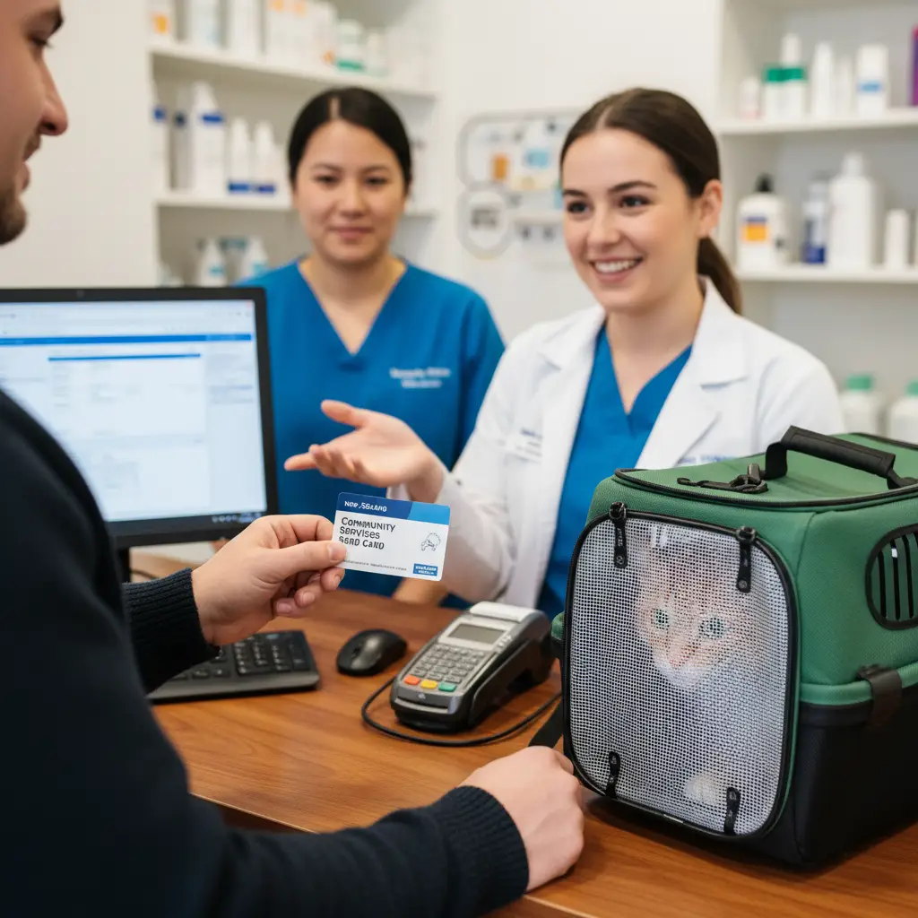 Pet owner using Community Services Card for vet discount