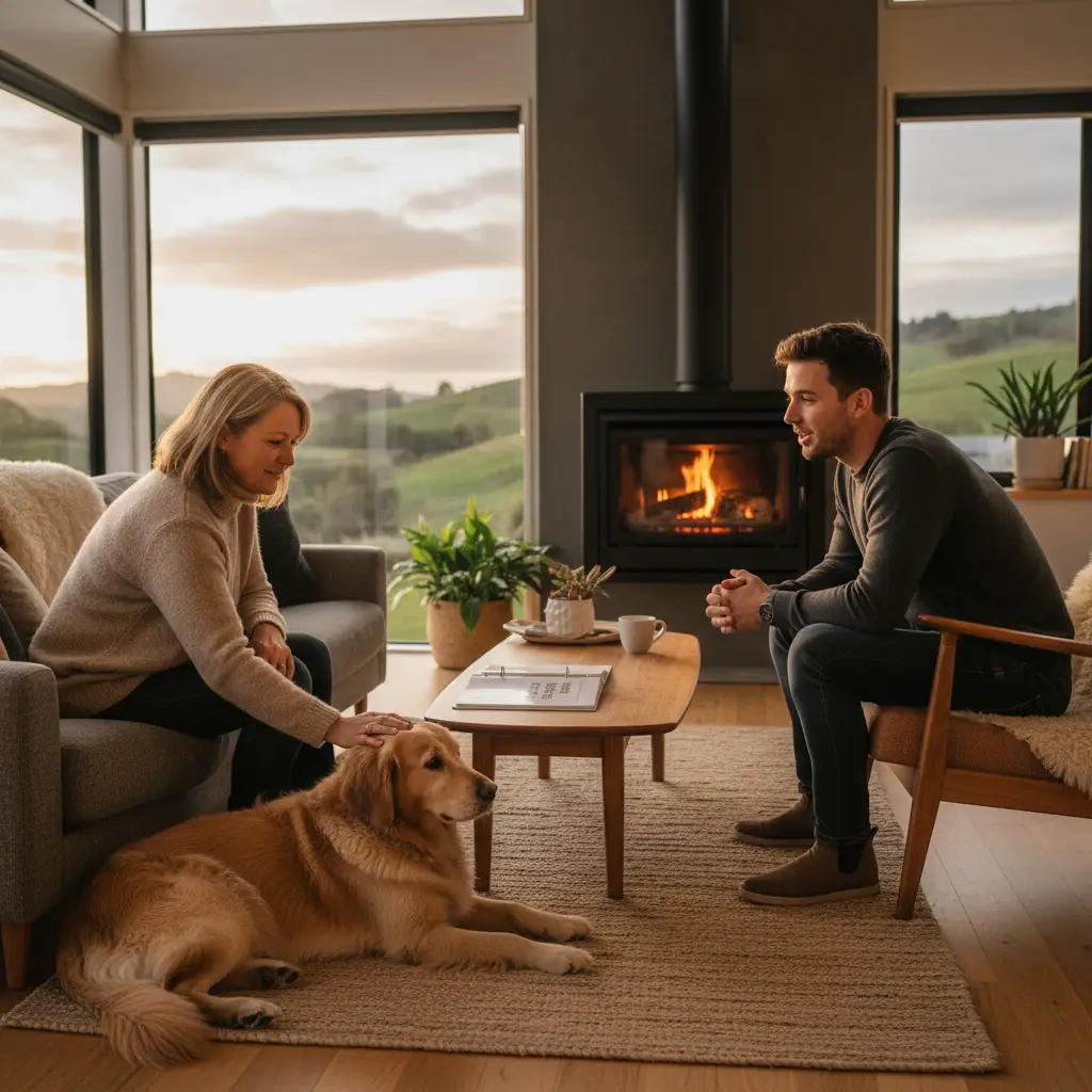 Owner discussing pet habits with a potential adopter in a home setting