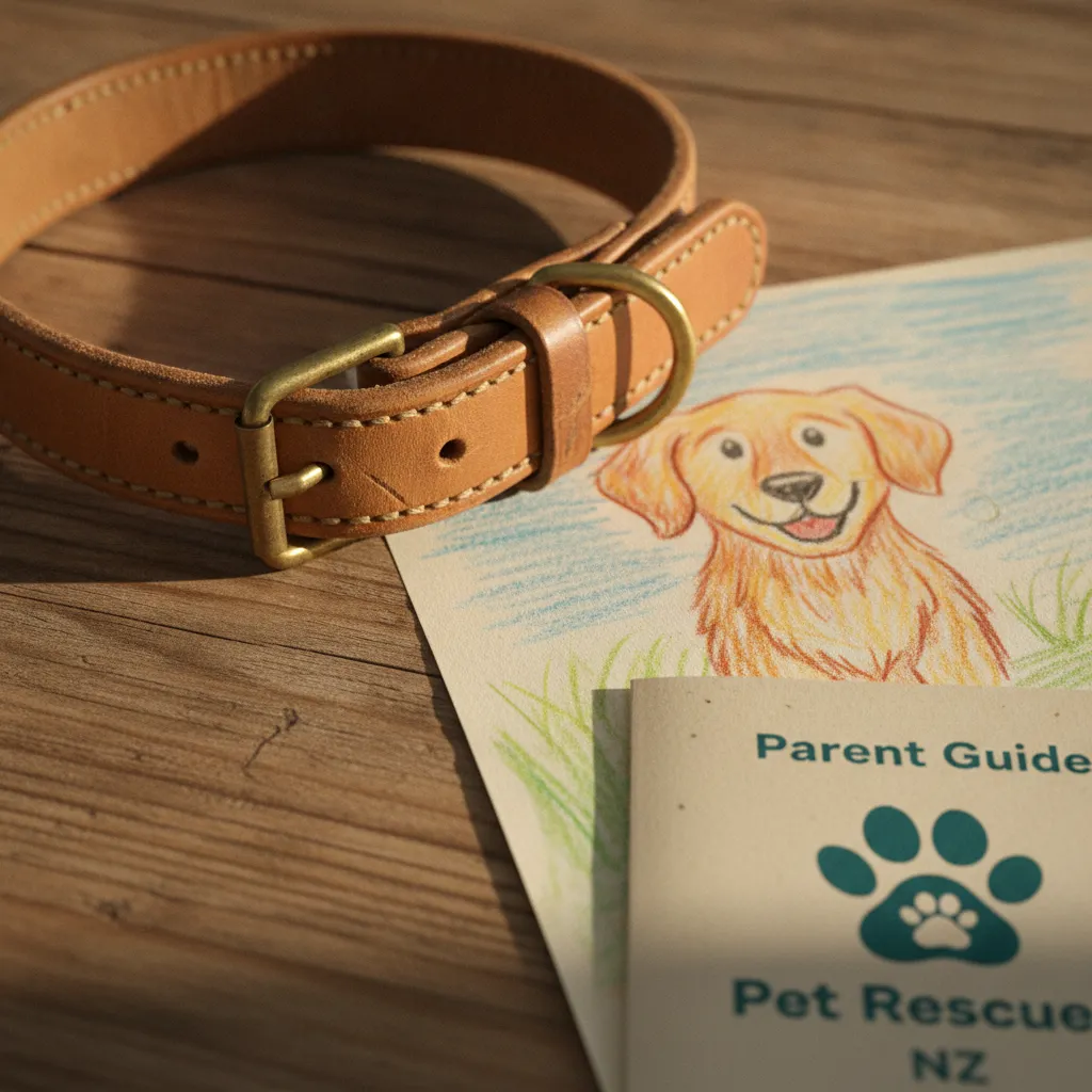 A beloved dog's collar resting next to a child's drawing, representing pet memories